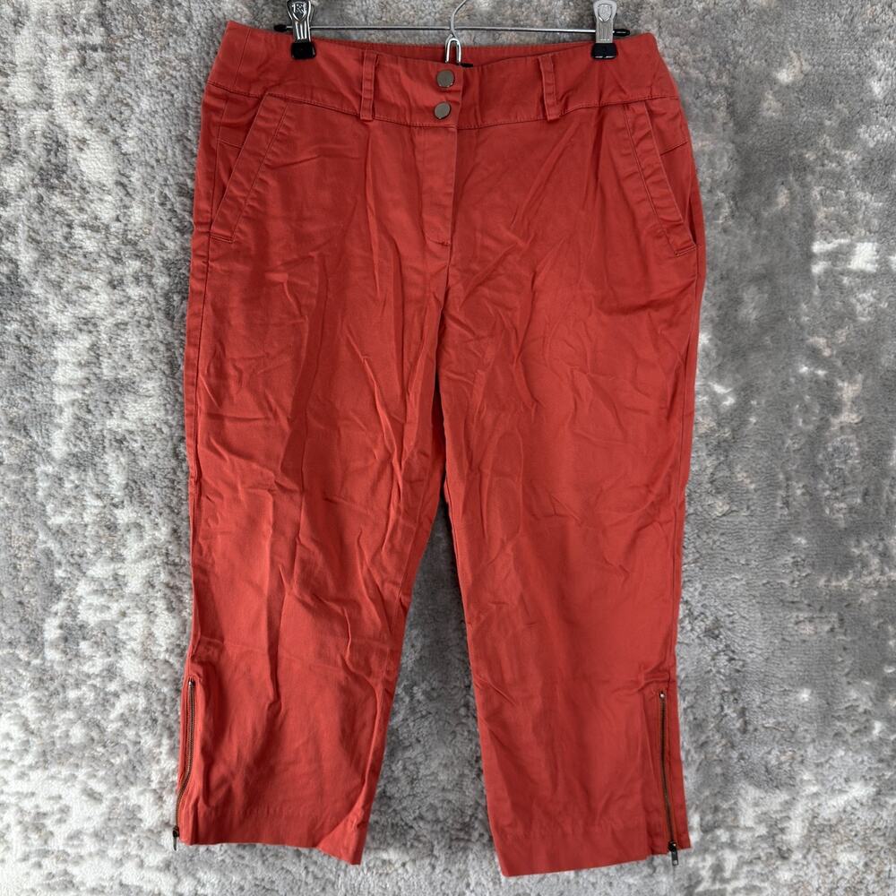 Sandro Size 8 Stretch Flat Front Minimalist Cropped Capri Pants Orange Red Snap‎
